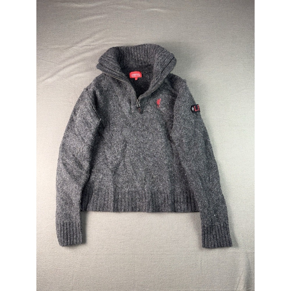 Liverpool FC Men Gray Wool Quarter Zip Sweater Large LFC Lambswool Pullover